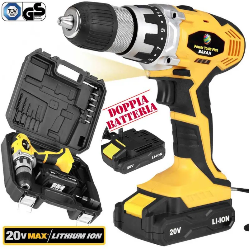 Trapano Avvitatore 20V a DOPPIA Batteria LITIO in Valigetta Cordless 2 Velocita Spedito Oggi