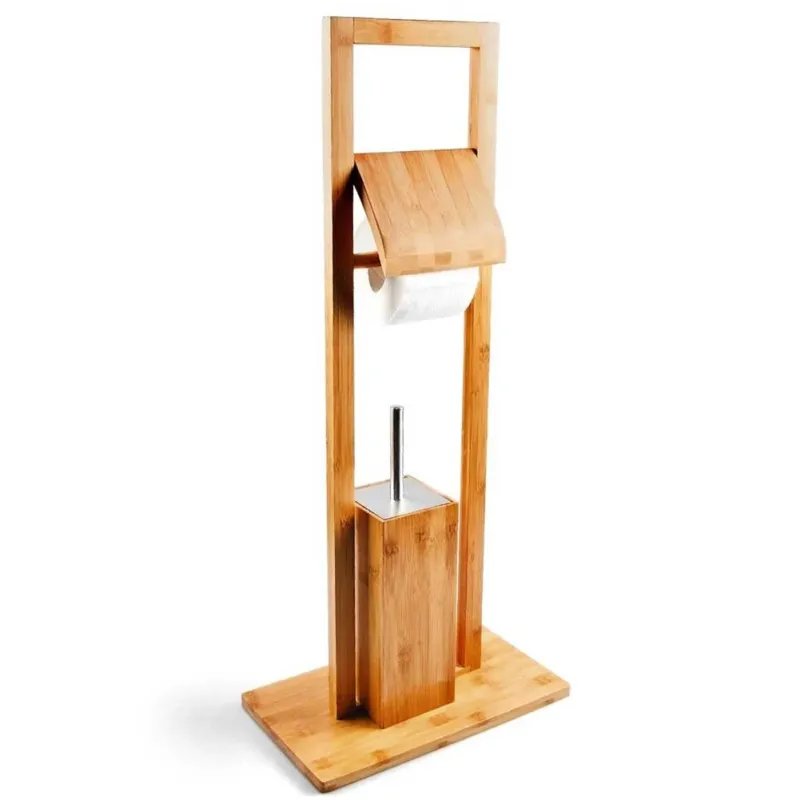 Popolare Portarotolo Con Scopino e Porta Scopino In Legno Bambu‘ Accessori Bagno WC 82 cm