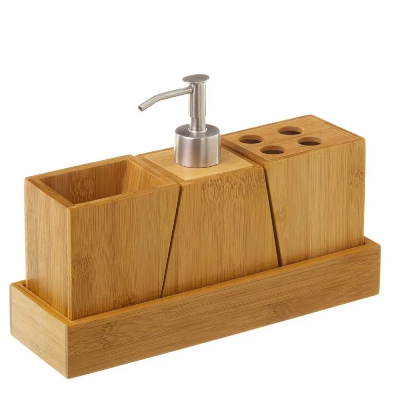Set Bagno 3pz Con Dispenser Sapone Bicchiere Portaspazzolini In legno di Bambu‘ Sconto