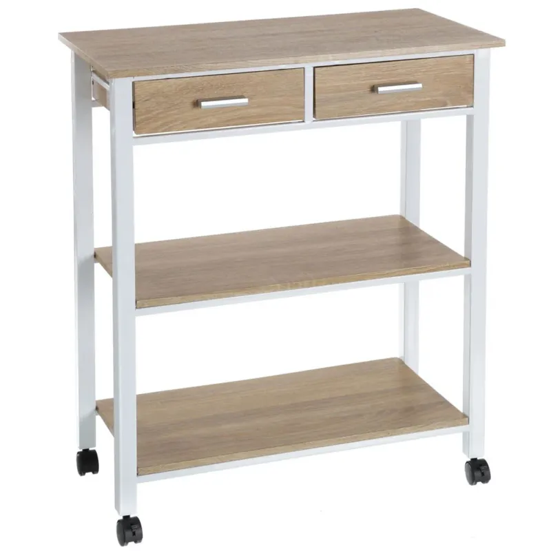 Carrello Da Cucina In Legno e Metallo Bianco Con 4 Ruote e 2 Cassetti 65x37x81cm Offerta Lampo
