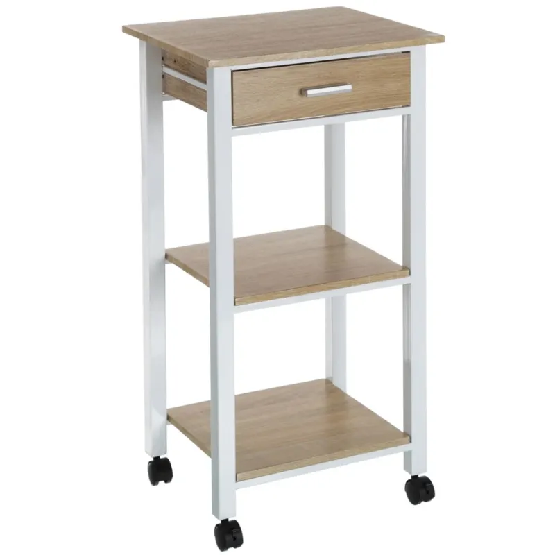 Carrello Da Cucina In Legno Rovere Metallo Bianco Con Ruote e Cassetto 42x38x8cm Compra Online