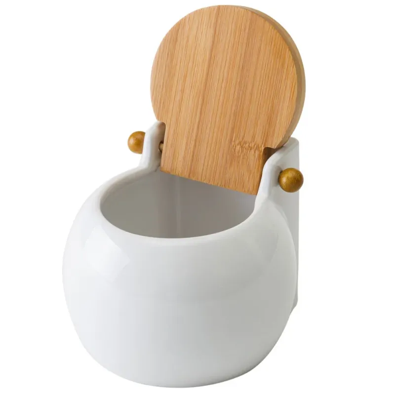 Novità Barattolo In Ceramica con Tappo Legno Bambu per Sale Zucchero Caffe 0,7lt Bianco