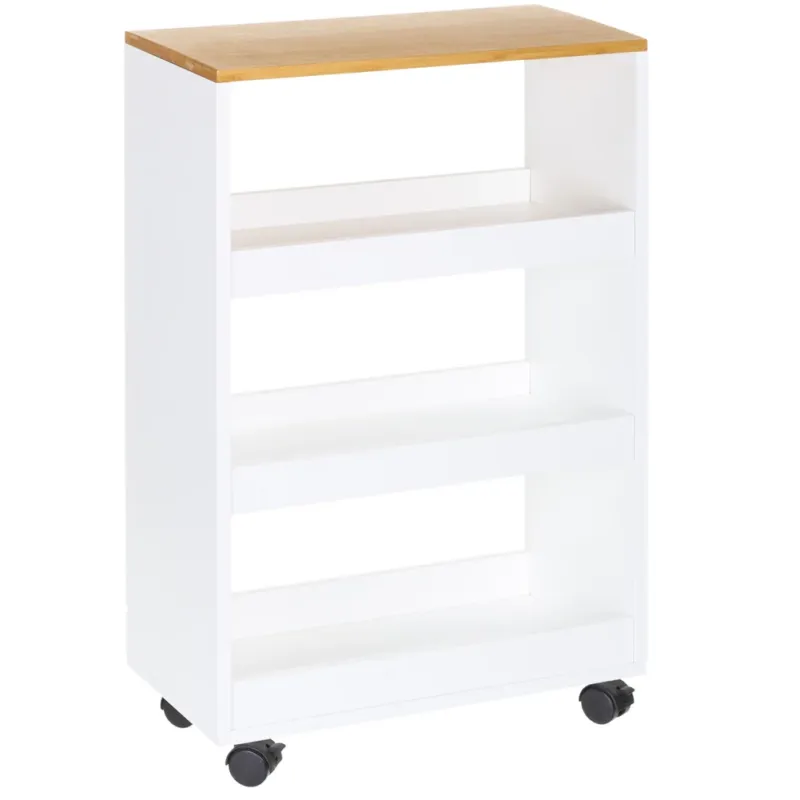 Carrello Cucina 3 Scomparti In Legno MDF Bianco e Bambu‘ Slim 4 Ruote 48x24x77 Di Tendenza