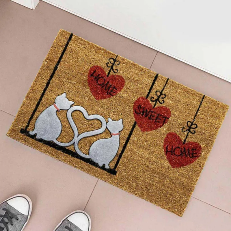 Tappeto Zerbino Fibra di Cocco Love Cats Con Figura Rilievo in Gomma 60x40cm Spedito Oggi