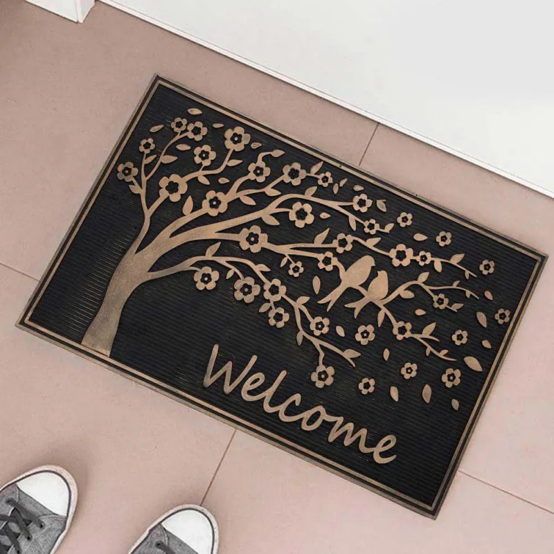 Tappeto Zerbino In Gomma Albero della Vita Figura in Rilievo 75 x 45cm Nero Rame Non Perdere