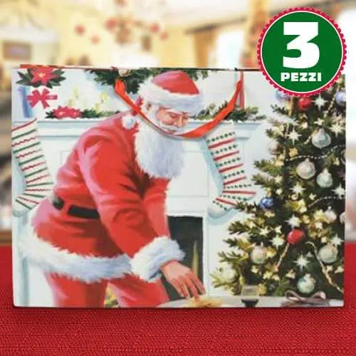 3 Buste Da Regalo Stampa Babbo Natale Classico Con Manici Rossi 40x20x55cm Consegna Rapida