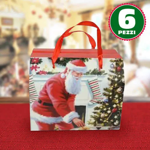 6 Scatole Da Regalo Stampa Babbo Natale Classico Manici Rossi 13,5x11,5x16,5cm Sconto