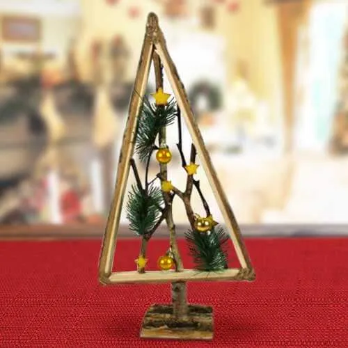 Promozione Esclusiva ALBERO DI NATALE IN LEGNO CON RAMETTI E PALLINE ORO 58CM DECORAZIONI NATALIZIE