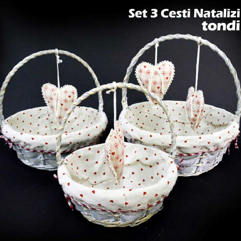Economico Set 3 Cestini Natalizi Tondi In Vimini E Tessuto Diametro 38/33/28 Cm Grigio