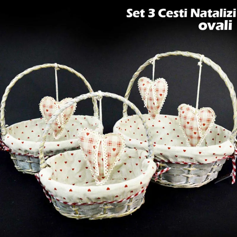Scelto Dai Clienti SET 3 CESTINI NATALIZI OVALI IN VIMINI E TESSUTO DIAMETRO 39/34/29 CM GRIGIO