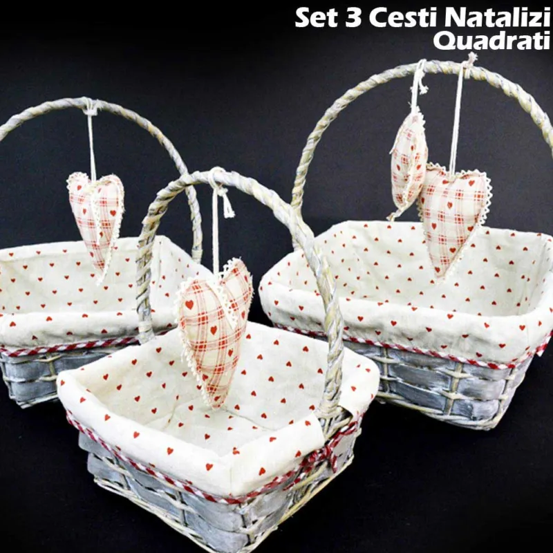 Ultima Occasione Set 3 Cestini Natalizi Quadrati In Vimini E Tessuto Diametro 38/33/28 Cm Grigio