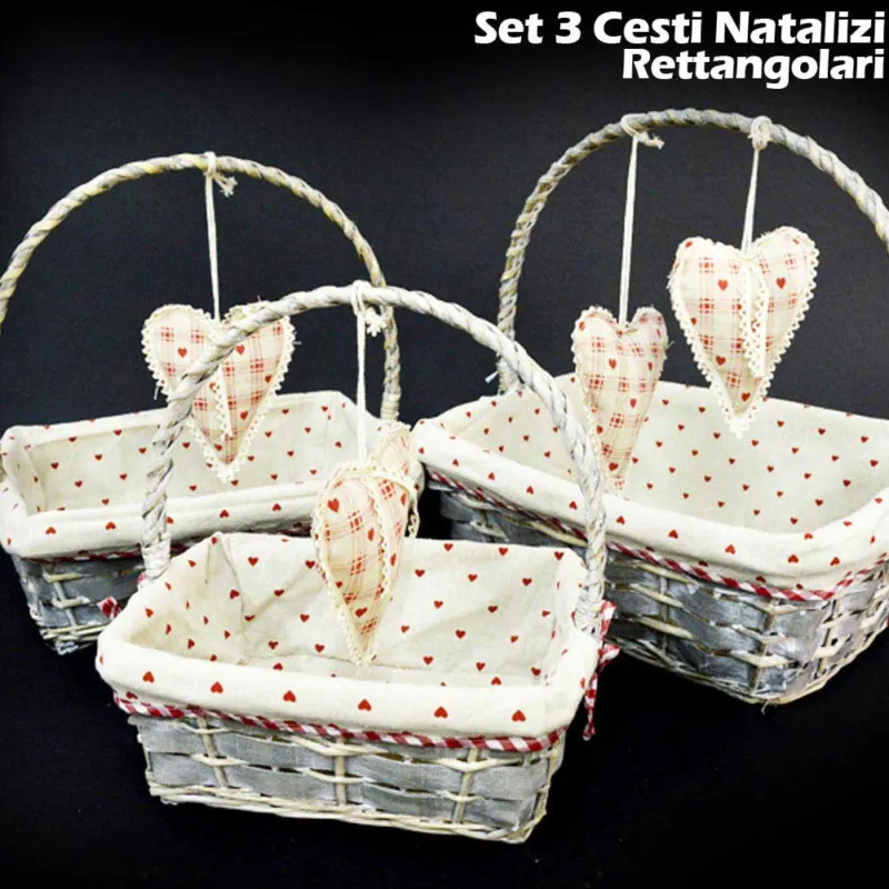 SET 3 CESTINI NATALIZI RETTANGOLARI IN VIMINI E TESSUTO DIAM. 39/34/29 CM GRIGIO Prezzo Di Fabbrica
