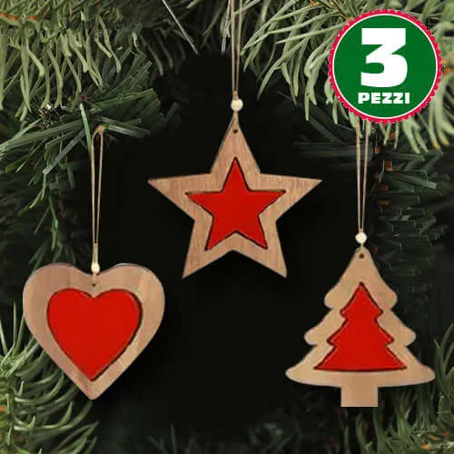 Occasione Imperdibile 3 Appendini Natale In Legno Stella Albero Cuore Rosso Decorazioni Natalizie
