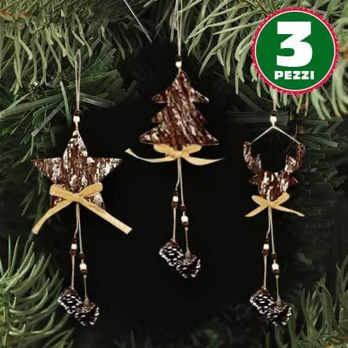 Prezzo Di Fabbrica 3 Appendini Natale Corteccia Legno Con Pigne E Fiocco Stella Albero Alce