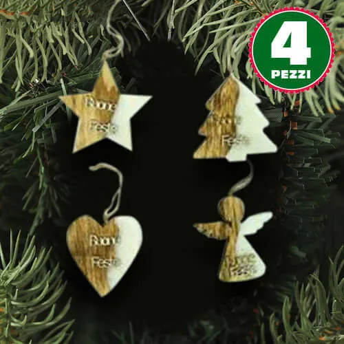 4 Appendini Natale In Legno Ovatta Forma Stella Albero Angelo Cuore Con Scritta Compra Online