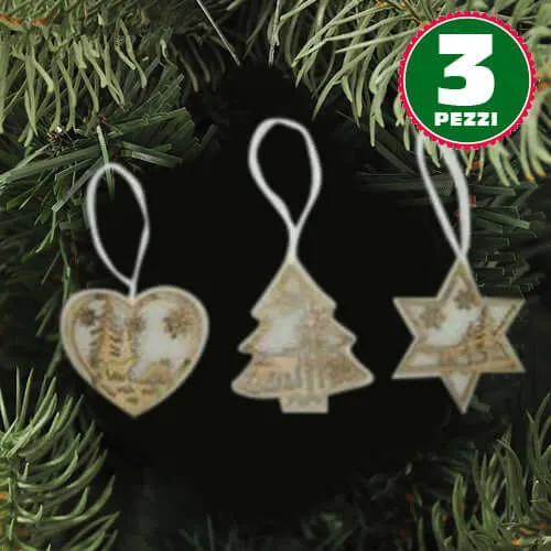 3 Appendini Natale In Legno e Ovatta Forma Stella Albero Cuore Con Scenario 16cm Compra Oggi Stesso