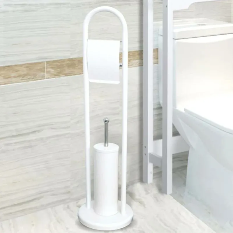 Pagamento Sicuro Portarotolo Con Spazzolone e Porta Scopino Bagno In Metallo Bianco Opaco 22x81