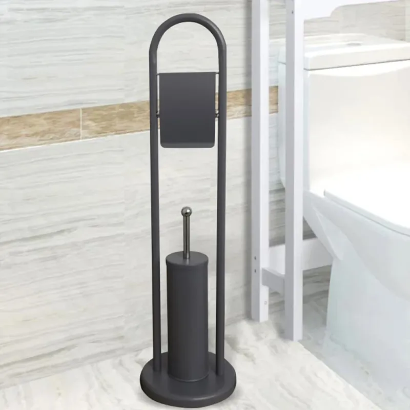 Portarotolo Con Spazzolone e Porta Scopino Bagno In Metallo Grigio Opaco 22x81cm Economico