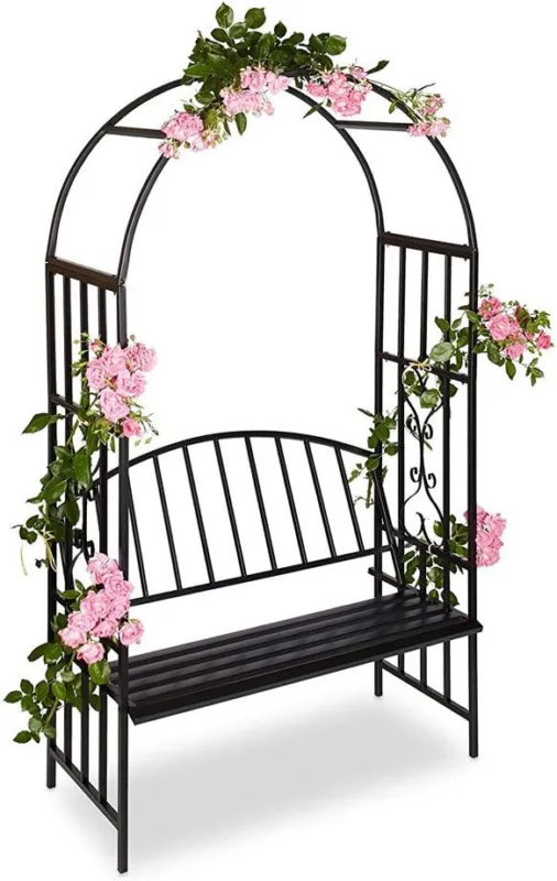 Occasione Panchina 2 posti con Arco da Giardino per Rose e Piante in Metallo 110x50x205 cm