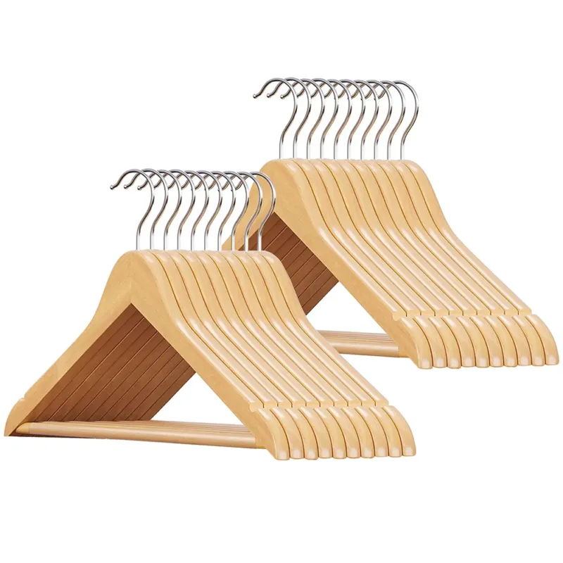 Offerta Speciale Set 20 Grucce Legno Naturale Barra Portapantaloni Antiscivolo e Gancio Ruotante