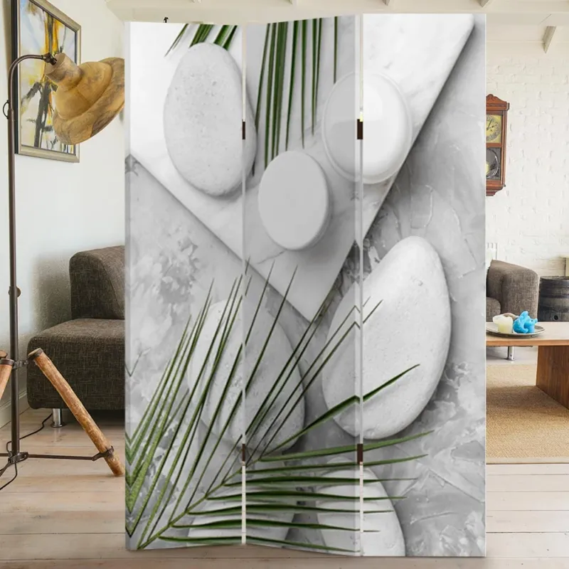 Vendita Finale Paravento Separe 3 Pannelli Stampa Fronte Retro Pietre Foglie Tropical 180x120cm