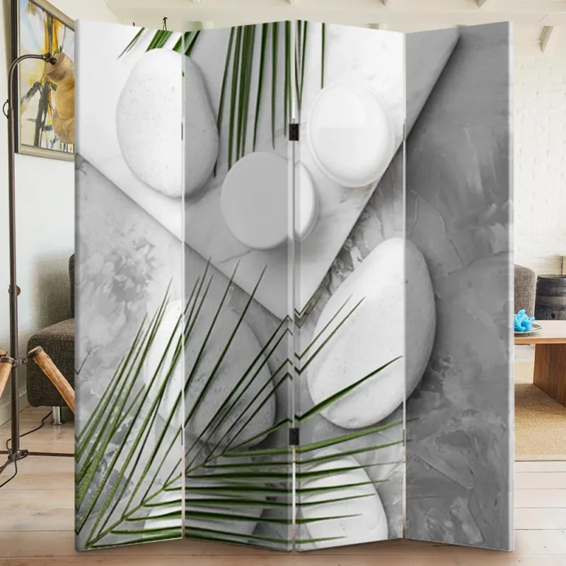 Paravento Separe 4 Pannelli Stampa Fronte Retro Pietre Foglie Tropical 180x160cm Prezzo Di Fabbrica