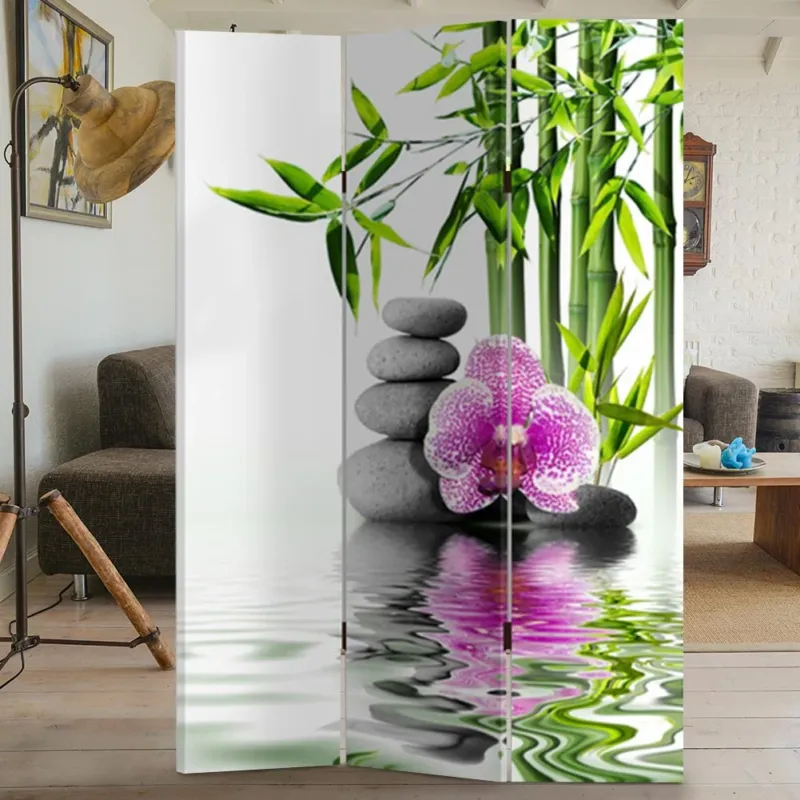 Subito Disponibile Paravento Separe 3 Pannelli Stampa Fronte Retro Pietre Orchidea ZEN 180x120cm