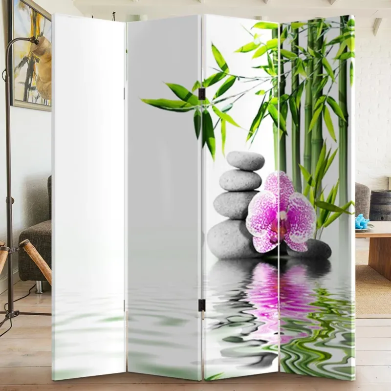 Paravento Separe 4 Pannelli Stampa Fronte Retro Pietre e Orchidea ZEN 180x160cm Spedito Oggi
