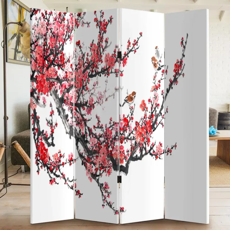 Prezzo Scontato Paravento Separe 4 Pannelli Stampa Fronte Retro Ciliegio Giapponese 180x160cm
