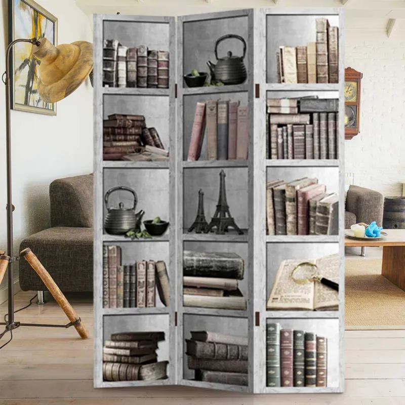 Promo Stagionale Paravento Separe 3 Pannelli Con Stampa Fronte Retro Libreria Divisorio 180x120cm