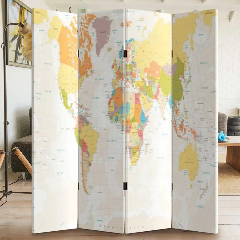Must-Have Paravento Separe 4 Pannelli Con Stampa Fronte Retro Mappamondo Divisorio 180x160
