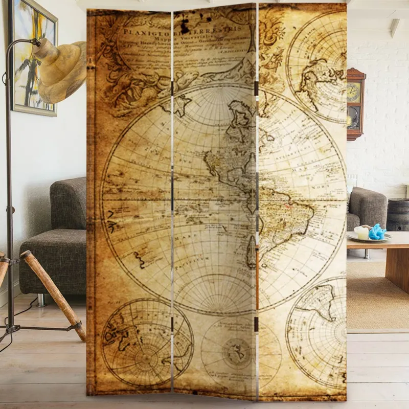 Vendita Finale Paravento Separe 3 Pannelli Con Stampa Fronte Retro Mappamondo Antico Divisorio