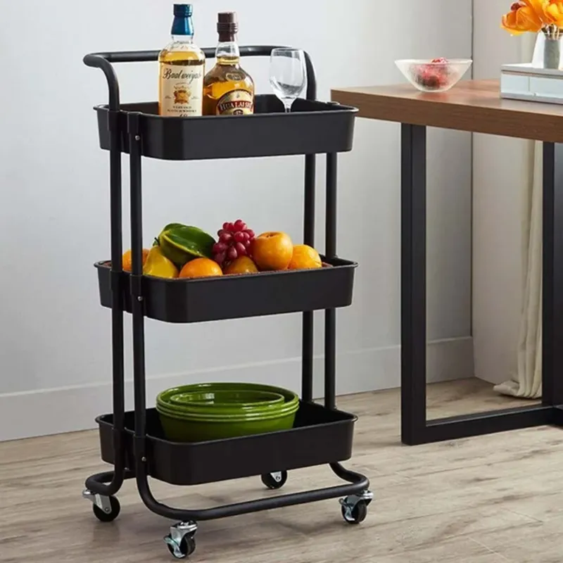 Compra Online Carrello Trolley Cucina in Metallo 3 Ripiani 43x36x85 4 Ruote Salvaspazio Nero