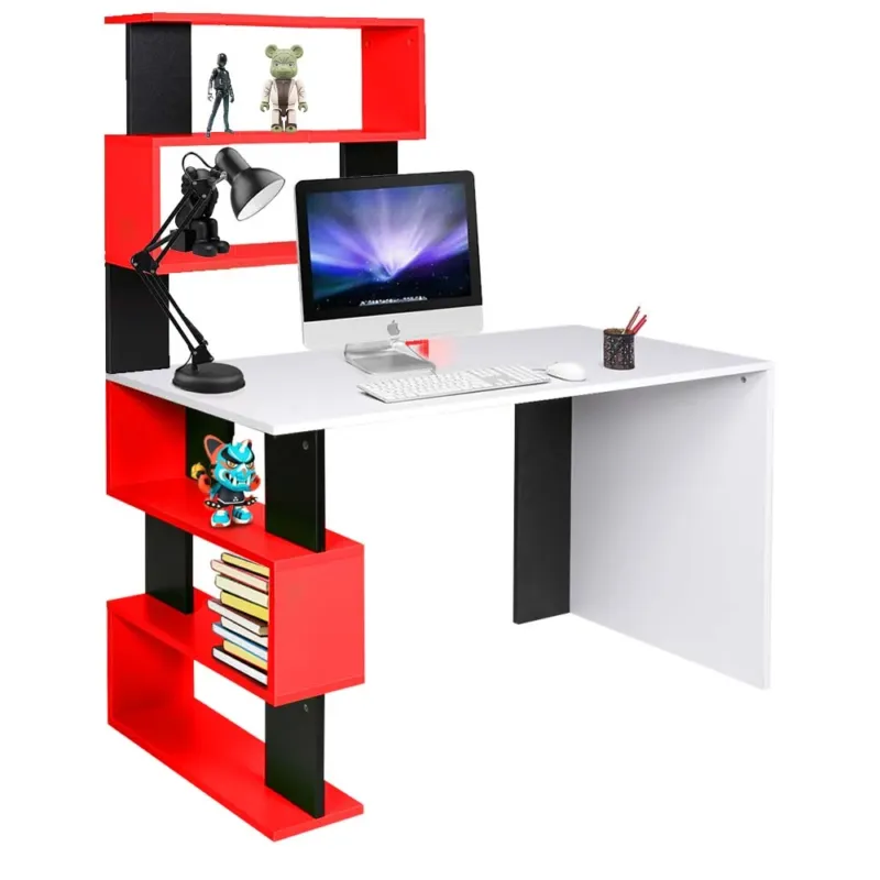Scrivania Libreria 7 Ripiani Tavolo Porta Pc Computer Legno Casa Ufficio Rosso Economico