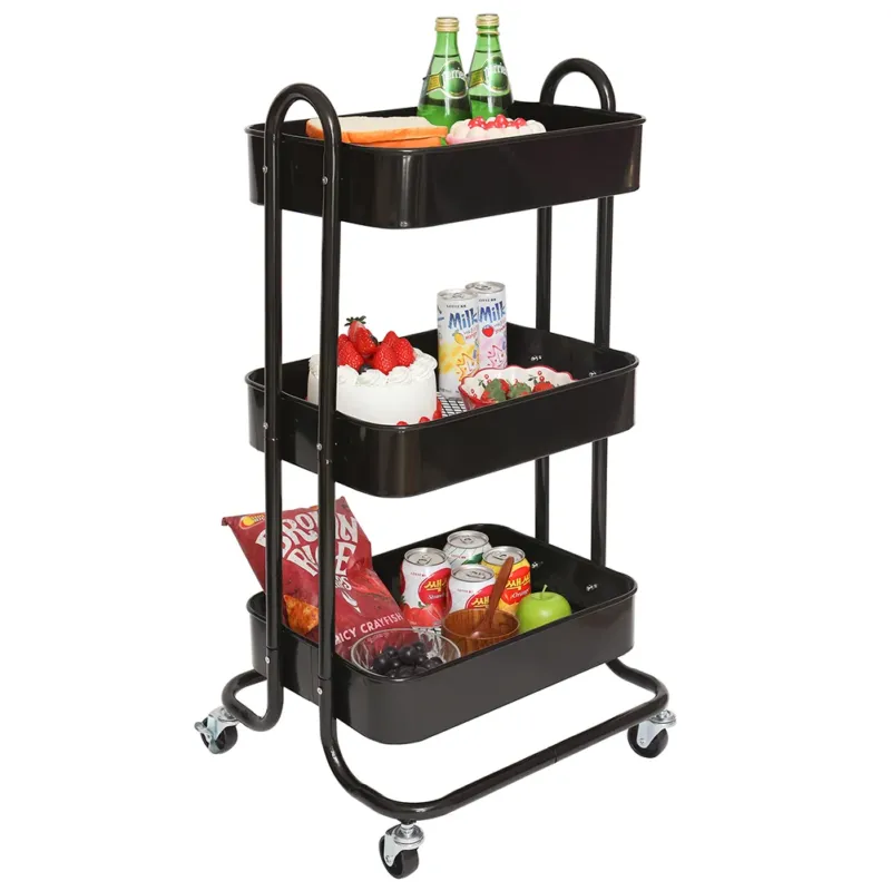 Carrello da Cucina 3 Ripiani con Ruote e 3 Cesti Portaoggetti46x40x84cm Nero Super Prezzo