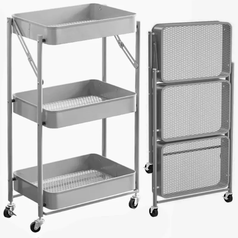 Occasione Carrello cucina Slim Pieghevole 3 Ripiani Metallo Trolley Servizio 4 Ruote Grigi