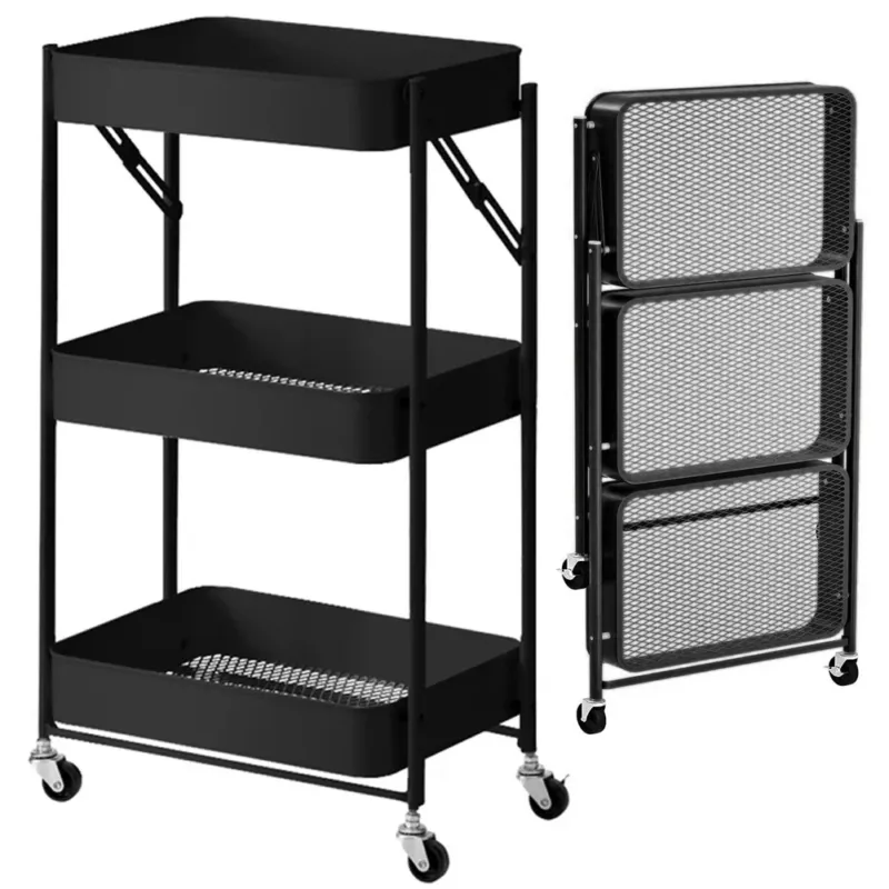 Novità Carrello cucina Slim Pieghevole 3 Ripiani Metallo Trolley Servizio 4 Ruote Nero
