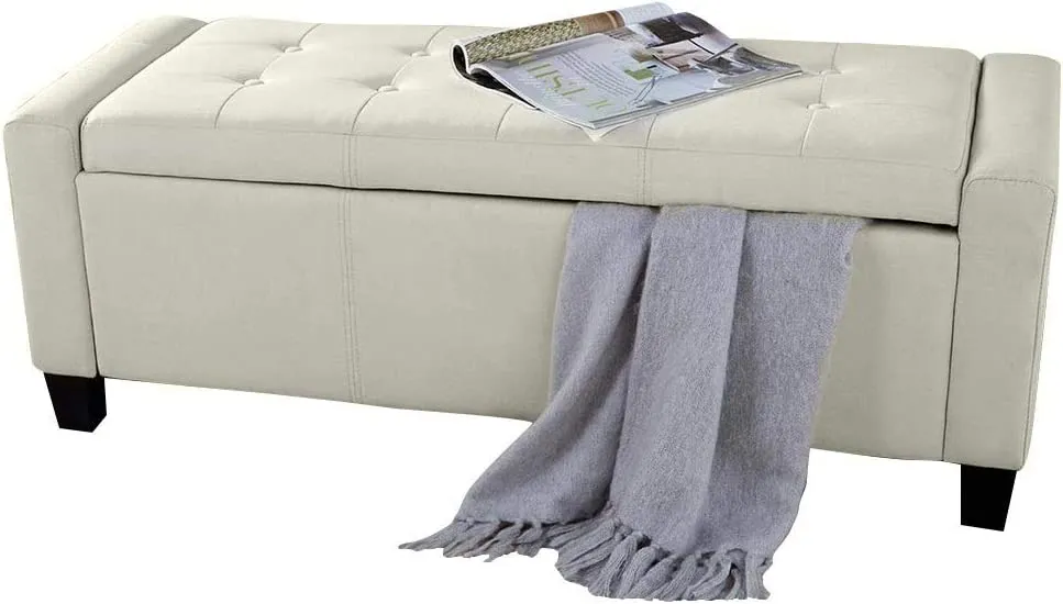 Cassapanca Pouf Contenitore Panca Sgabello Poggiapiedi Legno e Eco Pelle Avorio Offerta Lampo
