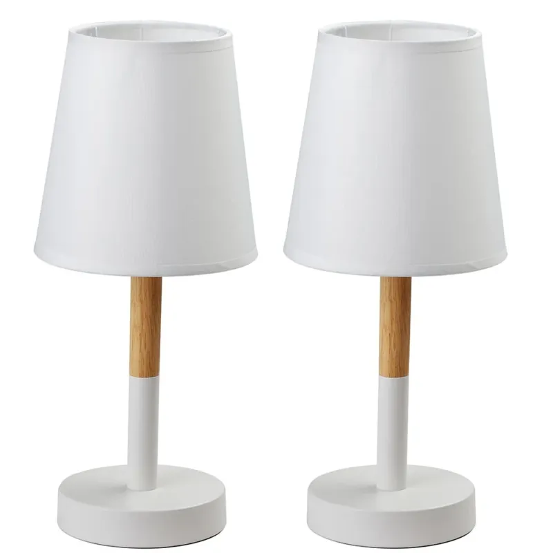 Coppia Lampada da Tavolo Lume da Comodino in Metallo e Legno Bianco Abatjour Esclusivo