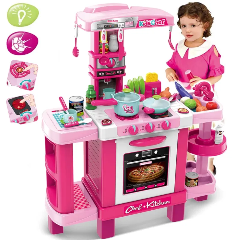 Cucina Giocattolo Bambini con Luci e Suoni 34 Accessori Gioco 87x78x29cm Rosa Pagamento Sicuro