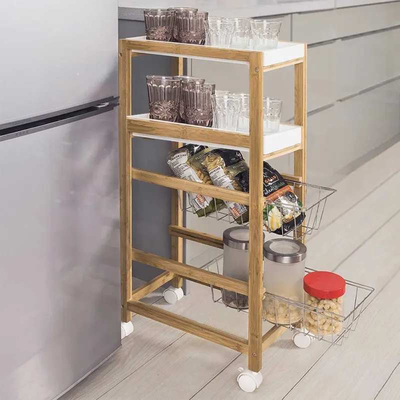 Carrello Cucina Slim Salvaspazio Legno Bambu 4 Ripiani 2 Vassoi 2 Cestelli Ruote Promozione
