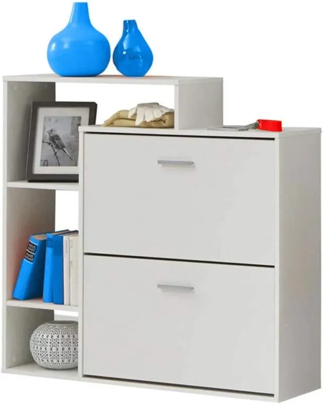 Scarpiera 2 Ante Doppia Profondita con Scaffale Libreria 4 Ripiani Legno Bianco Esclusivo