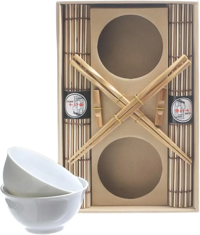 Economico Set Sushi Cibo Giapponese 2 Persone Bacchette Legno Ciotole Tovagliette Naturale