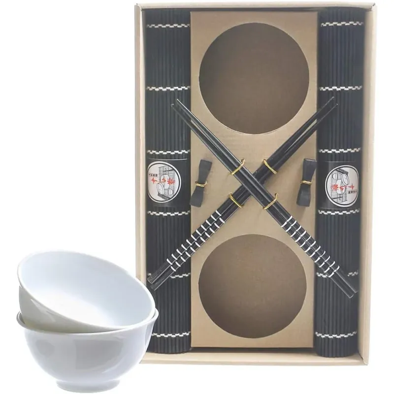 Popolare Set Sushi Cibo Giapponese 2 Persone con Bacchette Legno Ciotole Tovagliette Nero