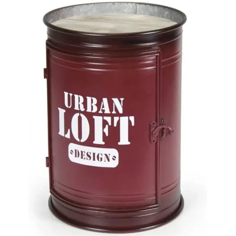 Tavolino Contenitore Bidone Tondo Struttura Metallo Bordeaux e Ripiani in Legno Must-Have