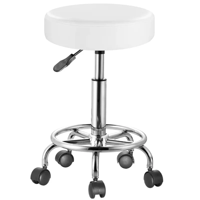 Prezzo Conveniente Sgabello con ruote Rotondo Ecopelle Bianco Altezza Regolabile Base Acciaio Zinc