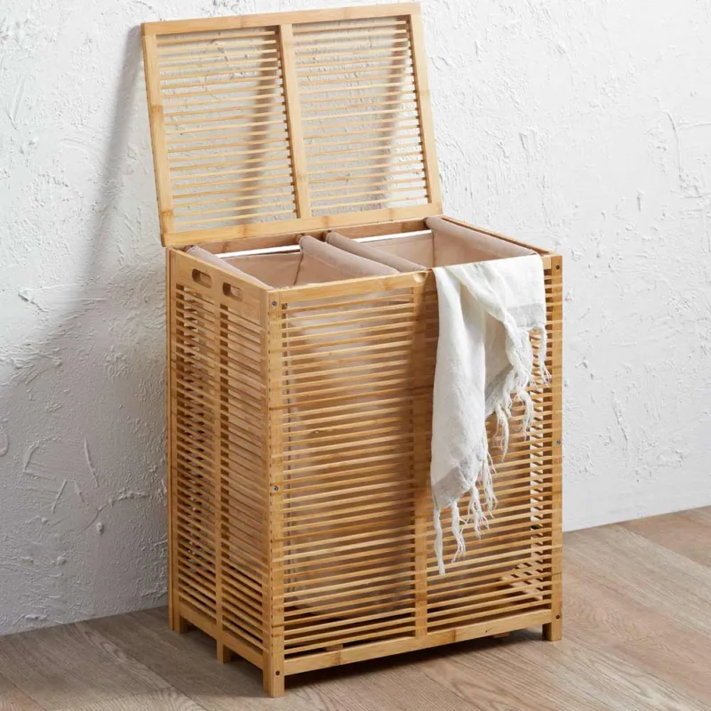 Prezzo Ridotto Cesto Biancheria Sporca in Bambu Tessuto Portabiancheria 2 Scomparti 50x35x60 cm