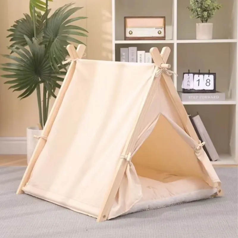 Tenda da Gioco per Animali Domestici Interni o Esterni in Legno e Tessuto Beige Soddisfatti O Rimborsati