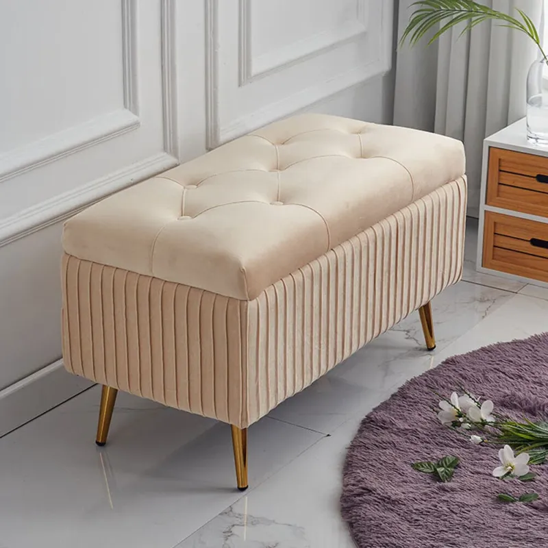 Pouf Contenitore Panca in Velluto Rettangolare Morbido Capiente Divanetto Beige Offerta Limitata