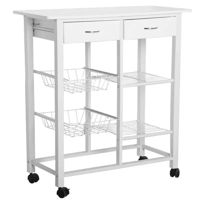 Carrello Cucina Legno con Cassetti Portaposate 4 Ripiani Cesti e Mensole Bianco Promozione Esclusiva